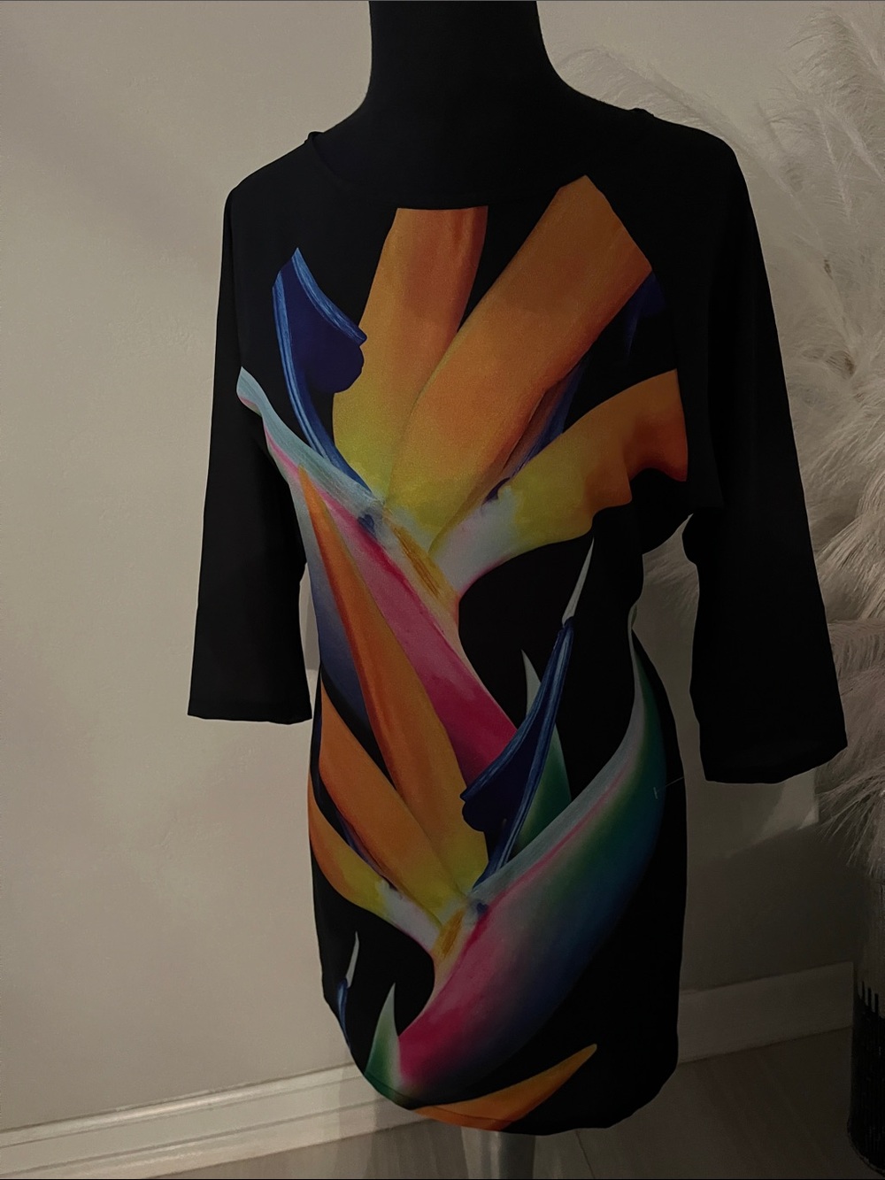 Lovers + Friends Black Midi Dress with Multicolor Abstract Splash